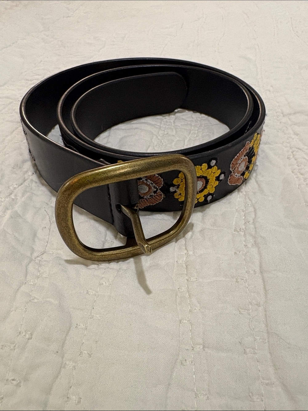 Lucky Brand Black Leather Belt with Floral Embroidery and Antique Gold Buckle